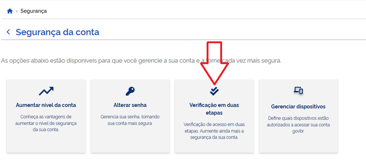 Tala do site https://acesso.gov.br onde o usuário consegue acessar os cartões para: Aumentar Nível da Conta, Alterar Senha, Verificação em Duas Etapas e Gerenciar Dispositivos. 